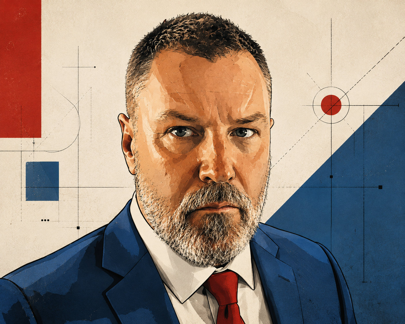 Stylised editorial portrait of Doug Drummond in a blue suit, white shirt and red tie